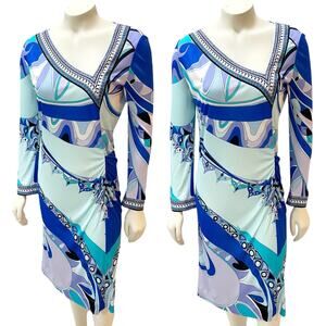 Emilio Pucci Printed Jersey Silk Knee Length Dress Blue Purple Sz 12